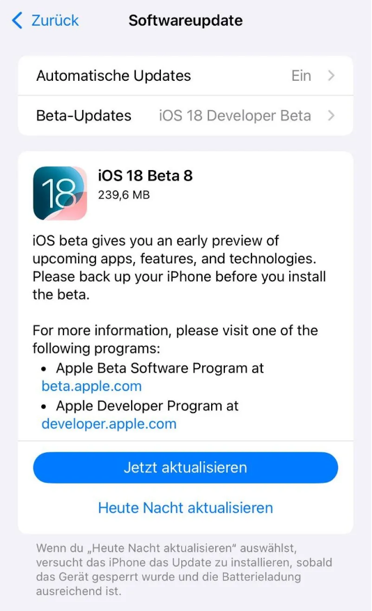 安陆苹果手机维修分享苹果 iOS / iPadOS 18 开发者预览版 Beta 8 发布 